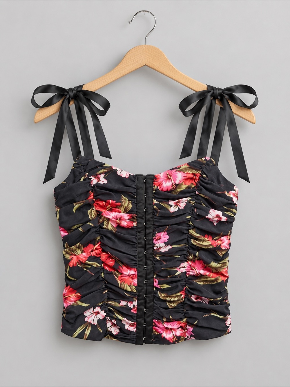 Guess Ruched corset tank top with hook-and-eye front closures, mesh overlay